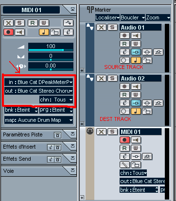 Step 08 - Setup the MIDI track input to Peak Meter, output to the Stereo Chorus VST and select 'all' channels